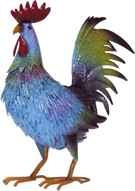 Metal Chicken Garden Sculptures & Statues,Vivid Lawn Ornaments for Garden Decorations Outdoor, Blue Rooster Gift for Housewarming,Home Decoration for Christmas Holiday