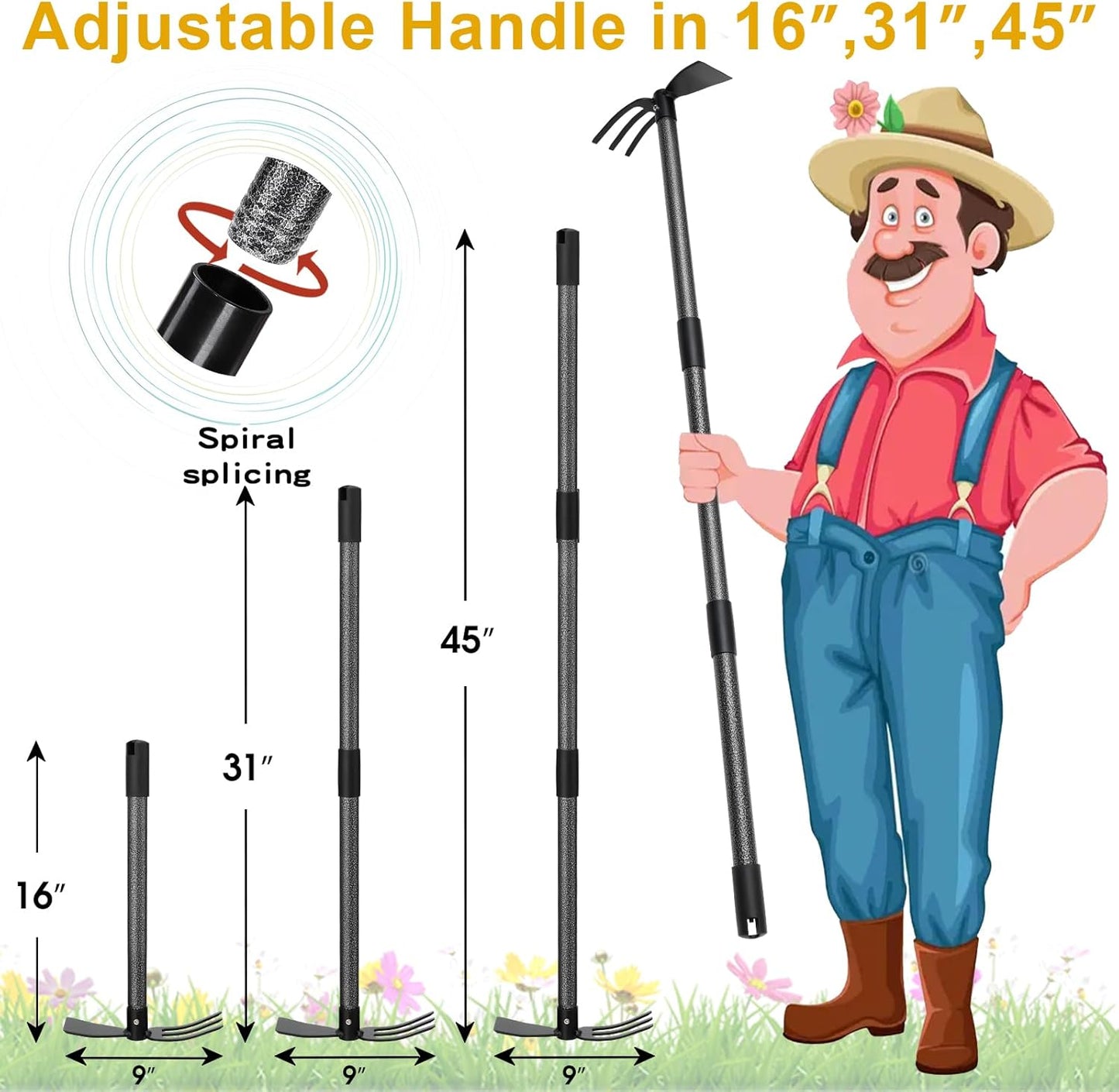 Hoe and Cultivator - 45” Long Handle - Heavy Duty Garden Hoe Tiller, Standing Hoe Garden Tools Durable Cultivator Hoes Hand Rake Fork for Gardening Weeding Planting Loosening Soil