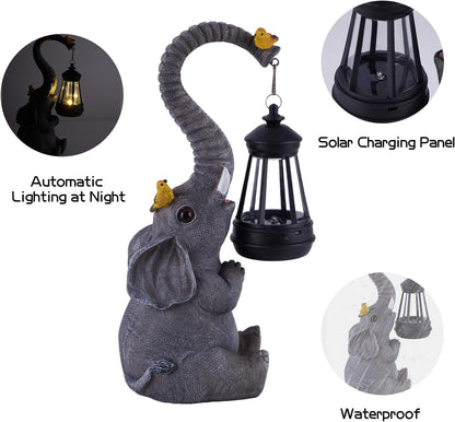 ILLUMINEW Solar Outdoor Garden Decor Elephant Statues Lights, Lucky Elephant Unique Mom Birthday Gifts for Mom, Housewarming Gifts and Yard Decoration, Cute Birds Garden Sculpture Decor