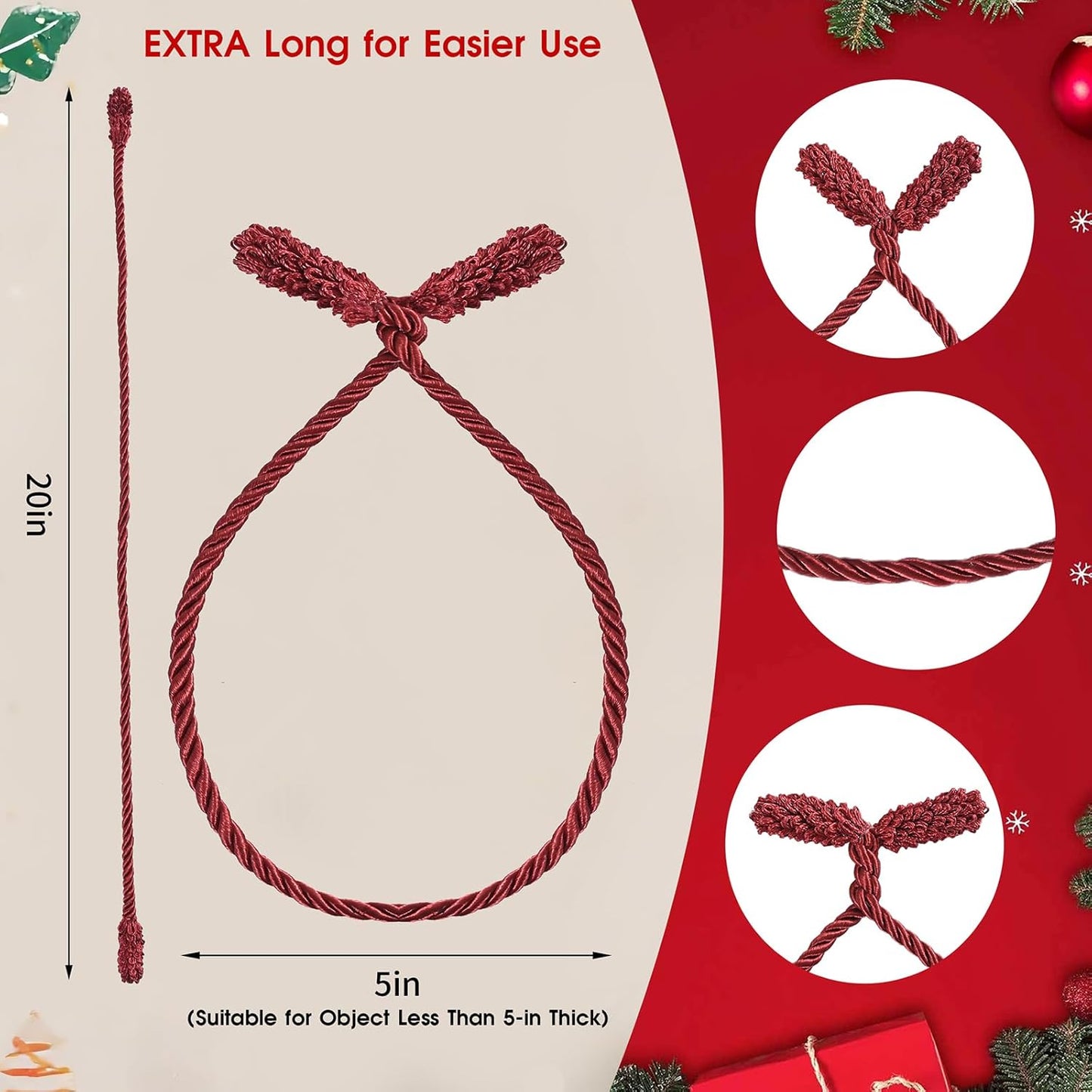 Christmas Garland Ties, 16Pcs 20in Garland Twist Ties for Banister, Reusable and Flexible Decorative Twist Tie for Home Decorations and Holiday Craft Gift Wrapping - Red