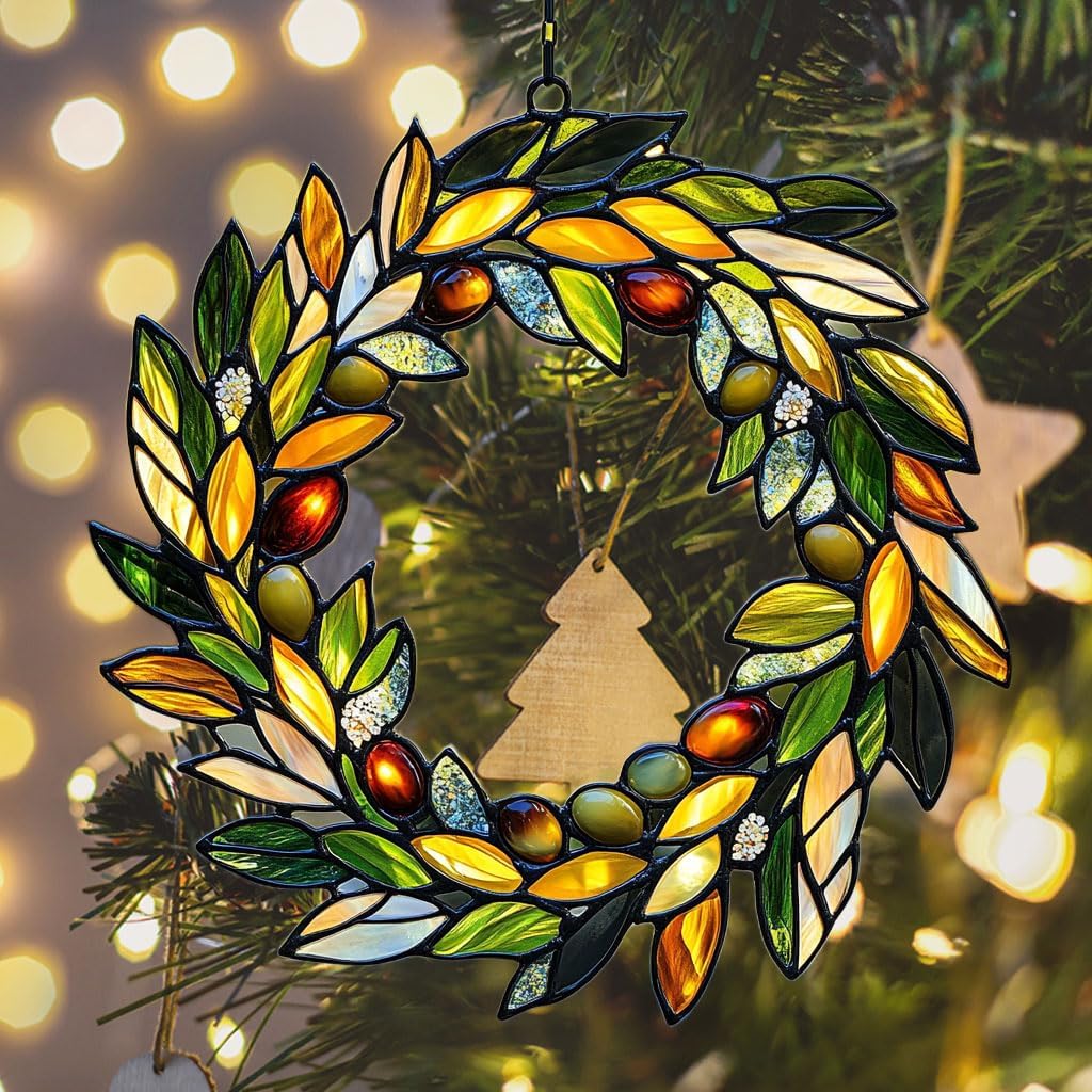 Mistletoe Wreath Acrylic Suncatcher Stained Glass Effect Window Car Hanging Christmas Ornament Indoor Outdoor Decor Garden Sun Catcher Panel for Christmas Lover for Women Mom Grandma