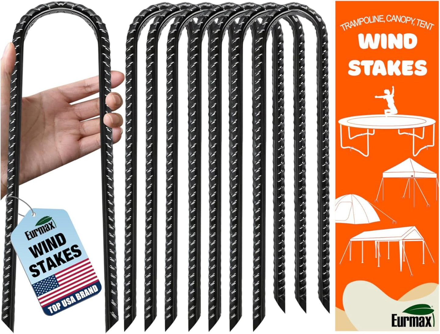 Eurmax USA Ground Anchors, Heavy Duty Ground Stakes, Trampoline Stakes, Tent Stakes Anchor Kit for High Wind, 12” Galvanized Steel Rebar Stakes, Metal Stakes, Trampoline Accessories,Pack of 8(Black)