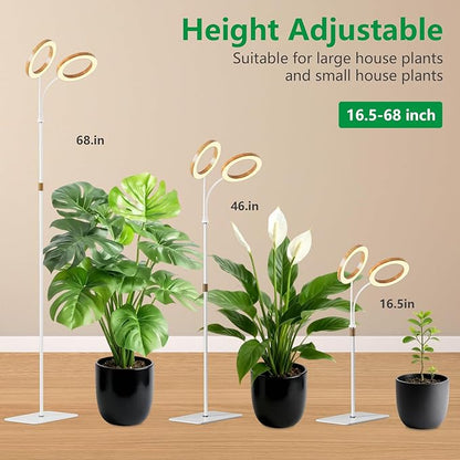 Full Spectrum Grow Light with Stand for Indoor Plants, Floor Plant Light, 6/12/18H Timer, 3 Color Modes, Adjustable Height 16.5–68in, for Large Plants & Home Décor(2 Heads,Faux Wood Grain)