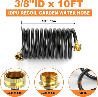 GASHER 10FT PU Recoil Garden Water Hose With 3/4" GHT Brass Fittings Retractable, Swivel Female For Boating, Pool & Spa, RV, Home And Garden
