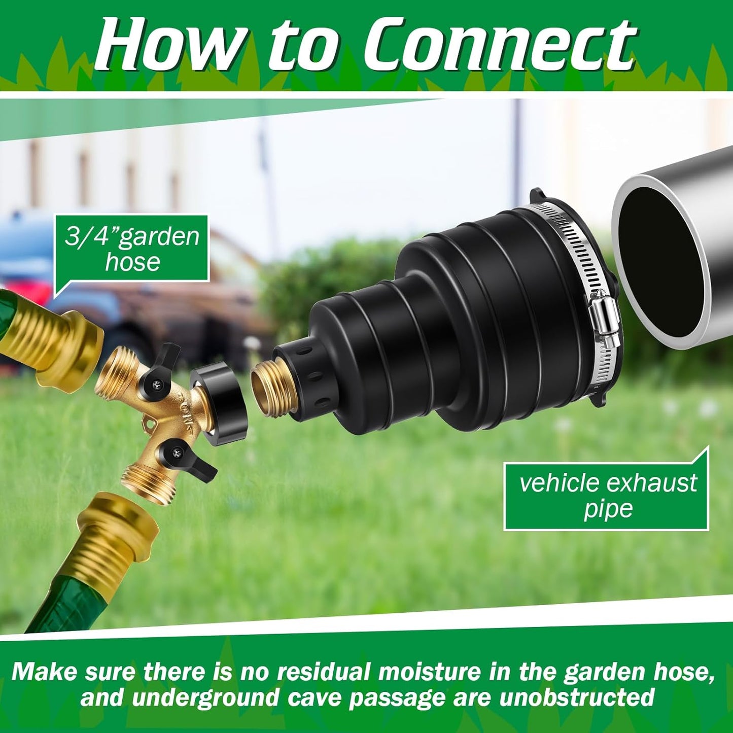 Qualirey Pest Control Exhaust Pipe Attachment with 2 Way Hose Splitter, Transport Exhaust from Car to Underground for Killing Outdoor Rodents Such as Moles, Gophers (Fit for Pipe in 2"-2.4"/3"-3.5")