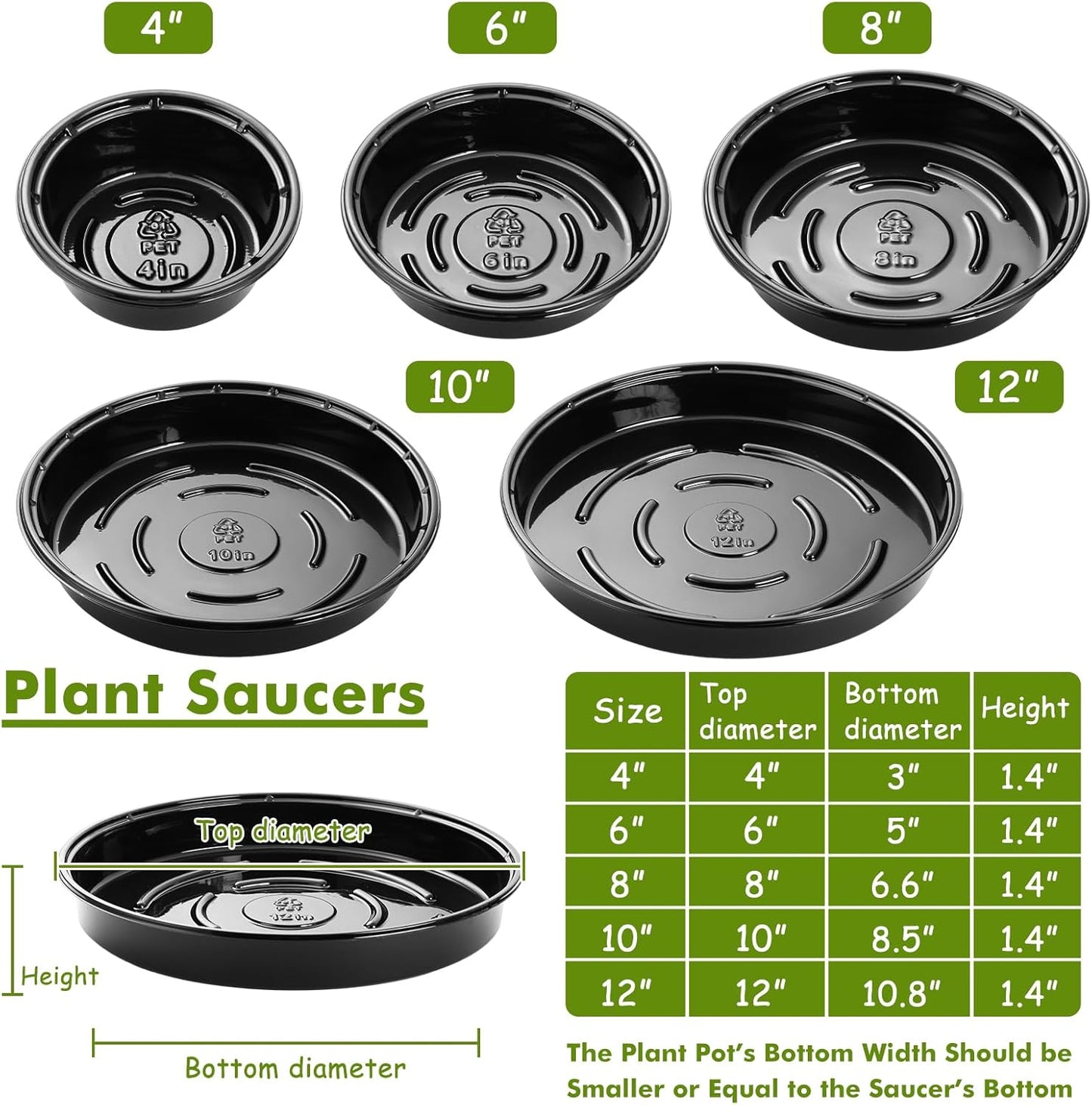 Plant Saucer 30 Pack Plant Trays for Pots 4/6/8/10/12 Inch Plastic Plant Saucers for Outdoors & Indoors Black Drip Trays for Potted Plants Flower Pot Plates to Catch Water Drainage Dishes No Holes