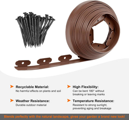 Garden Edging - 100 Feet Plastic Landscaping Edging Border with 93 Pack Spikes Apply to Flower Beds/Grass Lawn/Yard (1.57Inches Tall, Brown)