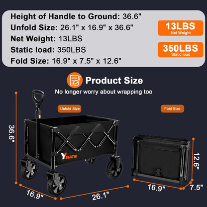 Collapsible Wagon with All Terrain Wheels, Large Grocery Cart On Wheels, 220LBS Utility Folding Wagon for Camping Shopping Beach Sports Fishing, Black