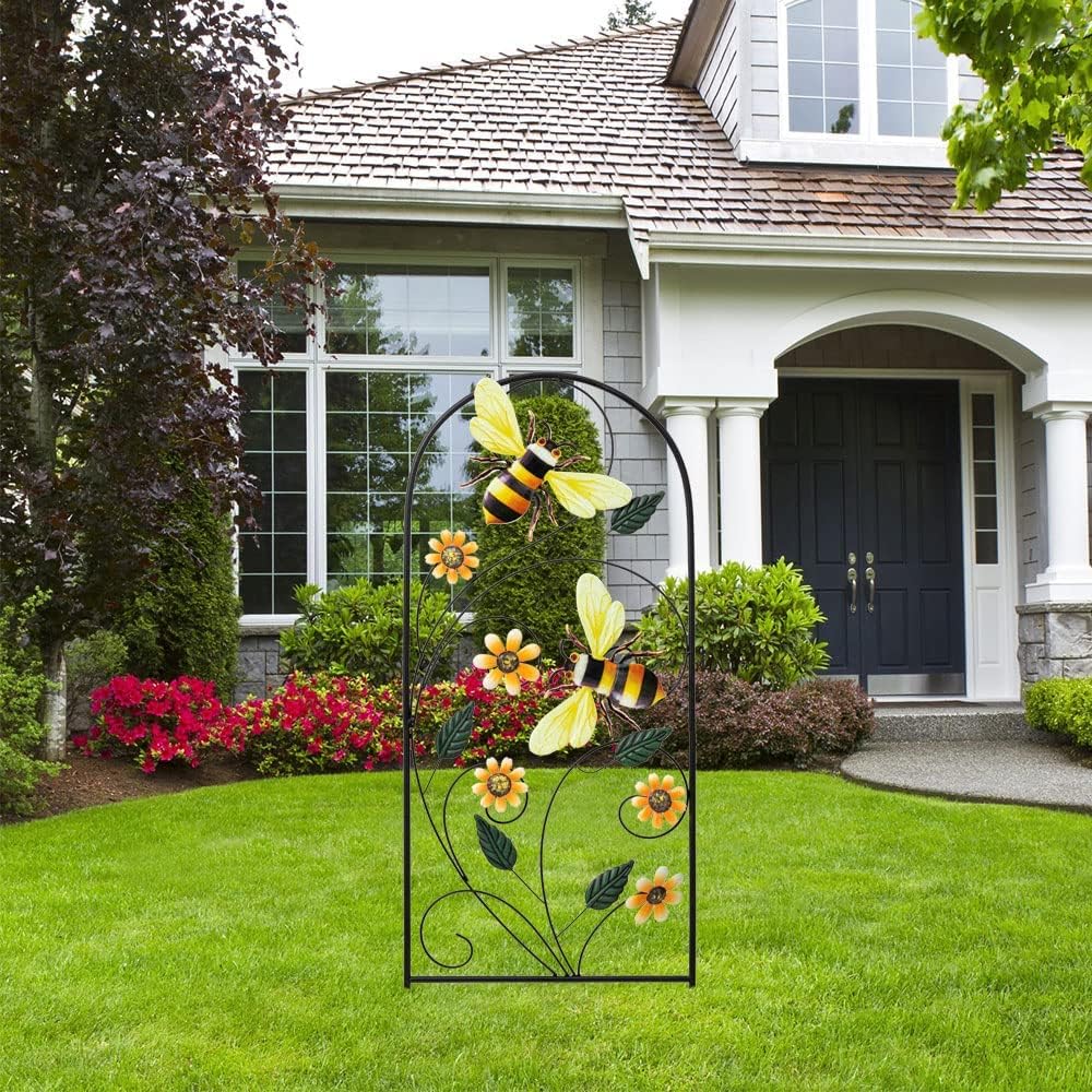 YEAHOME 34 Inch Decorative Metal Spring Garden Stakes with Flowers Bees, Vibrant Decorative Metal Spring Style, Metallic, Outdoor Decorative Garden Stakes
