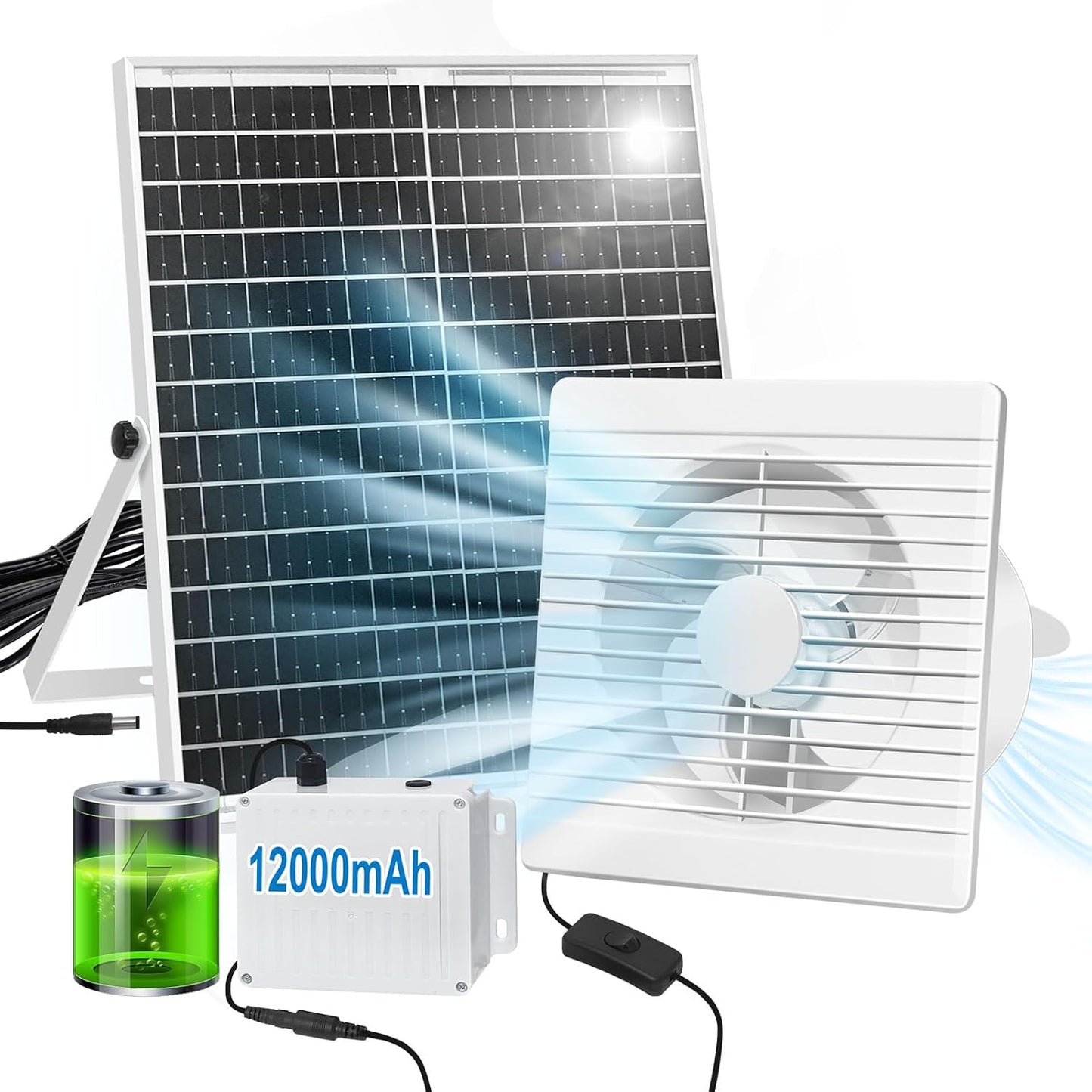 Auzev Solar Exhaust Fan with 12000mAH Battery, 22W Solar Powered Fan for Greenhouse Circulation, Chicken Coop, Shed, barn, Outside, Outdoor Waterproof with 14.7Ft Cable, 9.8"