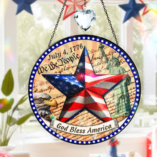 7.8" Patriotic Suncatcher Stained Glass 4th of July Window Hanging, Independence Day Decoration