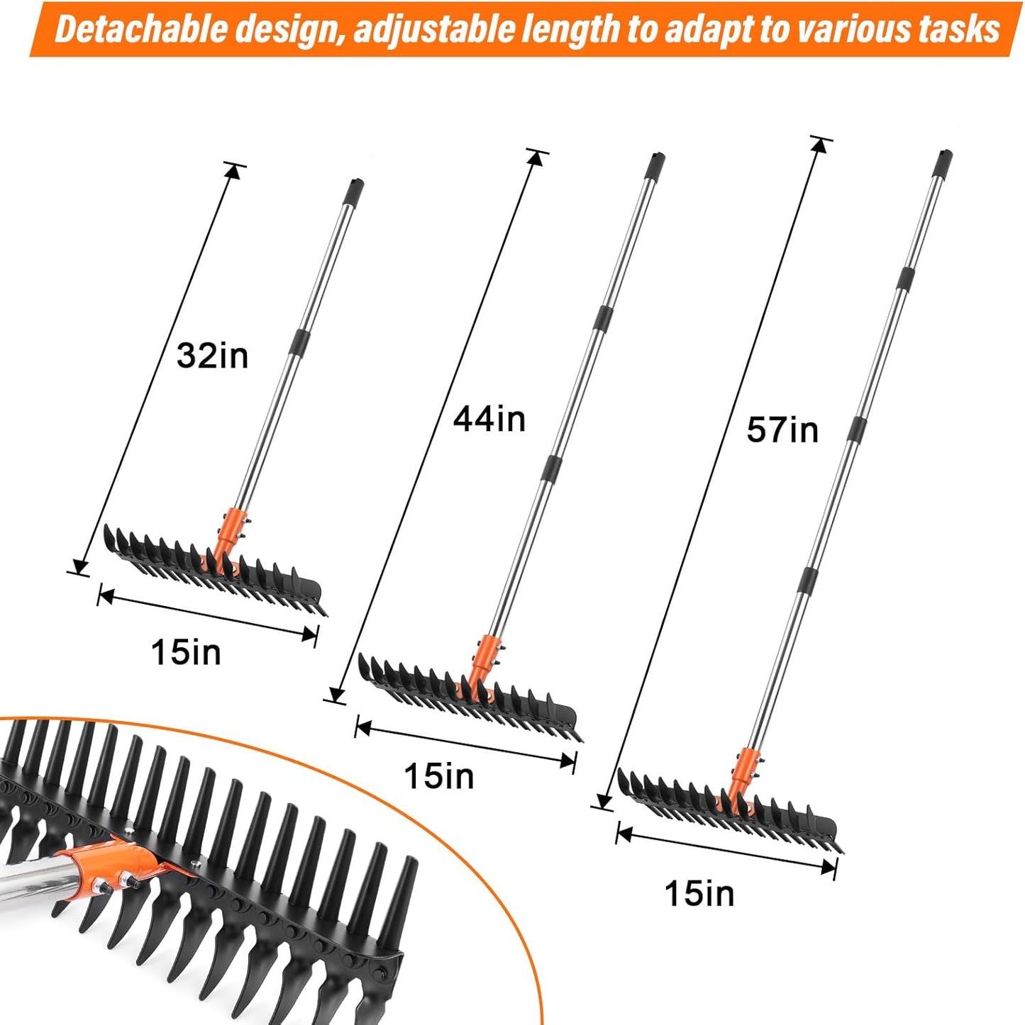 Garden Thatch Rake for Lawn, Heavy Duty Metal Thatching rake with Strong Handle, Wide 15inch Iron Dethatcher Rakes for Yard Leaf & Weed Clean, Soil Loose, Grass Groom