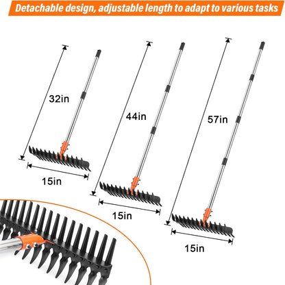 Garden Thatch Rake for Lawn, Heavy Duty Metal Thatching rake with Strong Handle, Wide 15inch Iron Dethatcher Rakes for Yard Leaf & Weed Clean, Soil Loose, Grass Groom