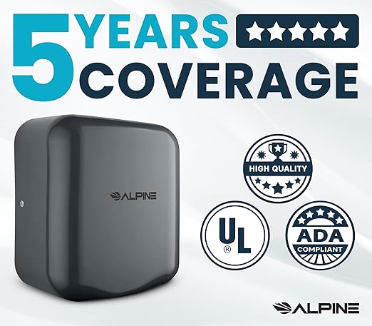 Alpine Automatic Hand Dryers for Bathrooms Commercial High Speed 110-120V Stainless Steel Electric Hand Dryer, Plug In & Hardwire Options with Air Filter, ADA & UL Compliant & 5 Years Coverage (Grey)