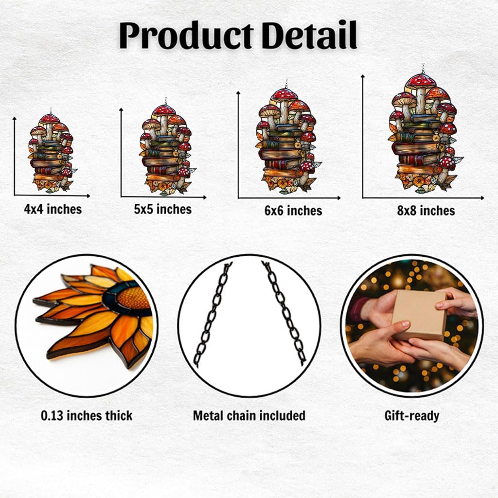 Forest Mushroom Books Acrylic Suncatcher Stained Glass Effect Window Car Hanging Christmas Ornament Indoor Outdoor Decor Garden Sun Catcher Panel for Book Lover for Women Mom Grandma