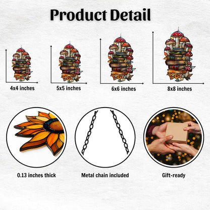Forest Mushroom Books Acrylic Suncatcher Stained Glass Effect Window Car Hanging Christmas Ornament Indoor Outdoor Decor Garden Sun Catcher Panel for Book Lover for Women Mom Grandma
