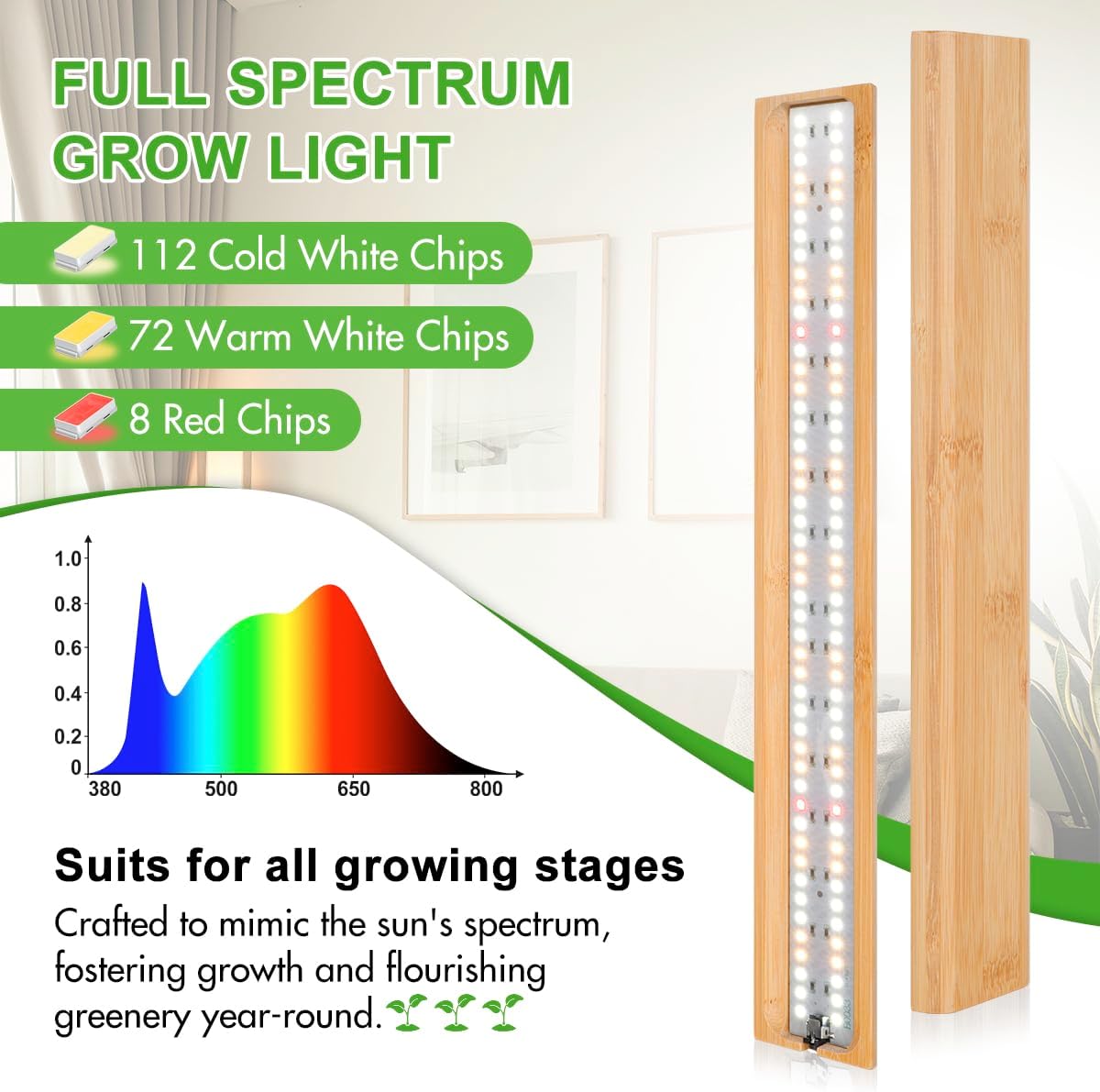 FOXGARDEN Bamboo Grow Light Strip for Indoor Plants, Full Spectrum 192 LED Bright Plant Light with Auto On/Off Timer 4/8/12H, 10 Dimmable Brightness, 2 Strips with 1 Controller