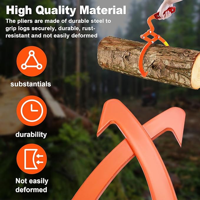 20 Inch Orange Log Tongs, 2 Claw Skidding Tongs Non-Slip Grip, Log Lifting Tongs for Handling, Dragging & Carrying Tool