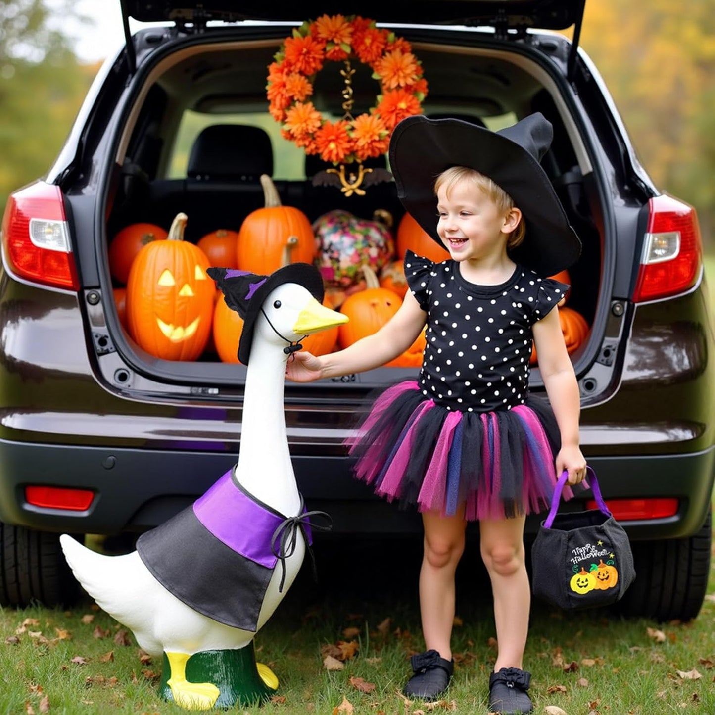 Halloween Porch Goose Outfits 23", Yard Goose Statue Clothes with Pumpkin Trick or Treat Bags, Fall Thanksgiving Outdoor Decor for Patio Lawn Garden and Porch Goode Theme (Witches Cloaks)