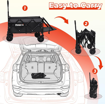 Collapsible Tailgate Wagon with Wheels, Compact Size Folding Utility Cart, 380LBS Capacity for Garden, Grocery, Beach, Camping – Portable Heavy Duty Cart(Black Gray)