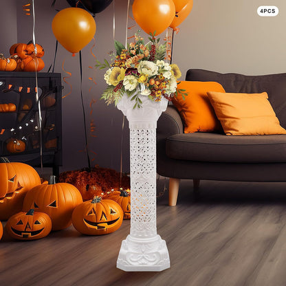 Roman Column Pedestal, Plastic White Columns for Weddings Indoor/Outdoor Roman Pillar Stand for Table Sculptures, Vase, Garden Decor (4PCS, 10.6 x 34.6 Inch Fretwork)