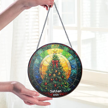 Personalized Stained Glass Christmas Tree Suncatcher, Christmas Handcraft Holiday Ornament with Name and Number, Gift for Family or Friend, Gift for Décor