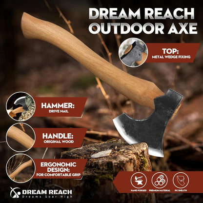 Dream Reach Hatchet Axe with Sheath Wood Hatchet Carbon Steel Heat Treated Bushcraft Hatchet - 14" Hand Forged Camping Axe for Chopping Wood, Garden
