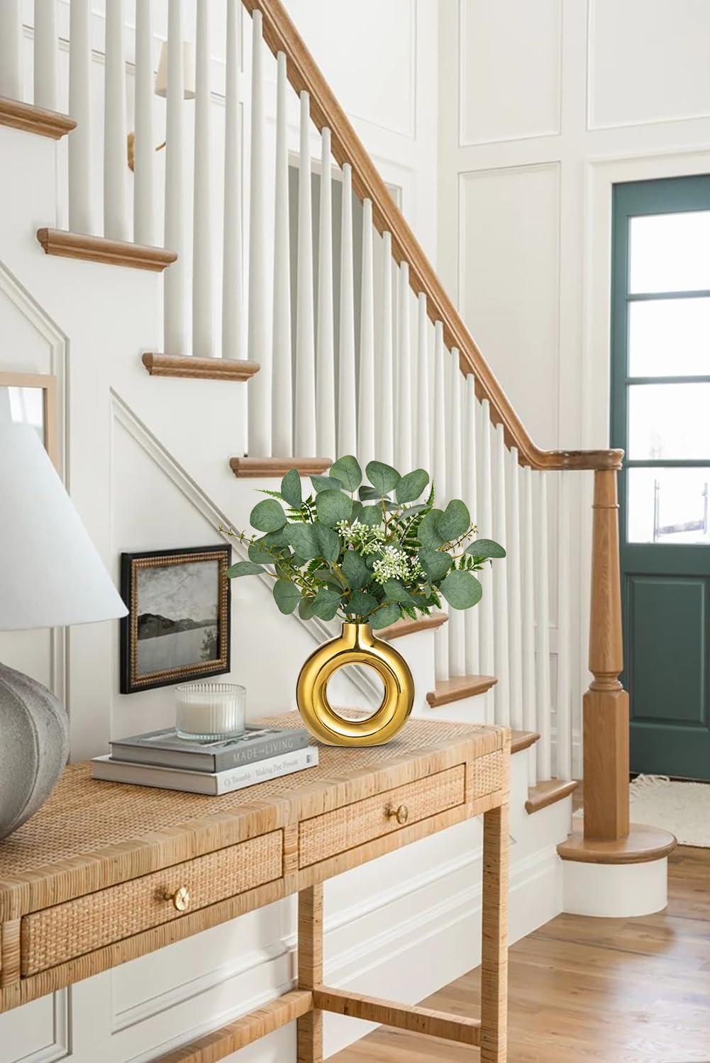Artificial Eucalyptus Stems in Ceramic Vase 14.23" Fake Eucalyptus Plant Decor Gold Donut Vase with Greenery Centerpiece Table Decorations Small Faux Green Plant for Home Farmhouse Wedding Table Decor