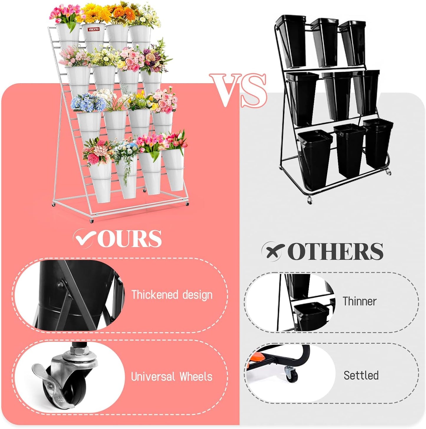 Flower Display Stand with Buckets, 4 Layers 16 PCS Buckets Plant Stand with Wheels, Movable Metal Plant Stand for Terrace Garden, Living Room, Florist Shop (White Frame - White Buckets, 4-Tier)