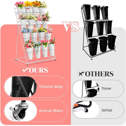 Flower Display Stand with Buckets, 4 Layers 16 PCS Buckets Plant Stand with Wheels, Movable Metal Plant Stand for Terrace Garden, Living Room, Florist Shop (White Frame - White Buckets, 4-Tier)