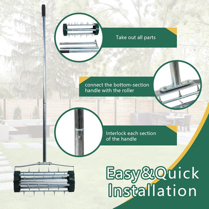 Heavy Duty Rolling Lawn Aerator,Rolling Lawn Aerator, Rotary Push Tine Spike Soil Lawn Aerator Gardening Tool with 3-Piece Long Steel Handle for Garden Yard Grass Maintenance,Garden Yard Rotary Push