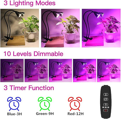 Juhefa Grow Light for Indoor Plants Growing, Gooseneck Clip-on Plant Lamp for Seedlings Succulents Seed Starting,3 Modes & 10-Level Brightness with Timer 3 9 12 Hrs