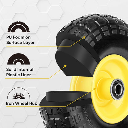 TICONN 10" Solid Tires, 4 Pack Flat Free 4.10/3.50-4'' Wheels with 5/8” Axle Bore Hole and Double Sealed Bearings (Yellow, 4PK)