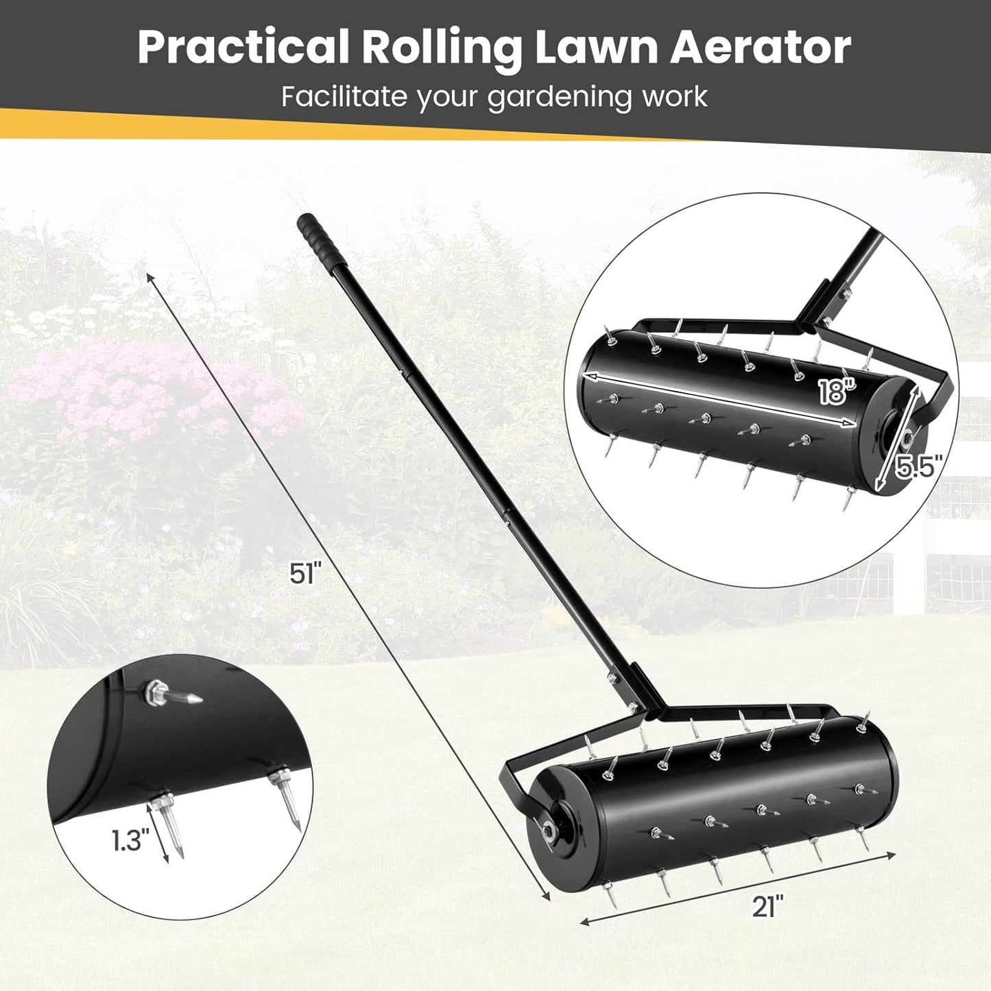 Goplus Rolling Lawn Aerator, 21-Inch Garden Yard Rotary Push Tine Filled Sand Stone, Heavy Duty Spike Soil Aeration w/Metal Handle, Fillable Drum 51" Manual Lawn Aeration Tool Garden Grass Patio Yard
