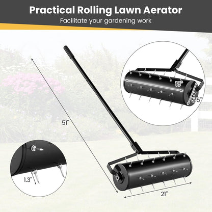 Goplus Rolling Lawn Aerator, 21-Inch Garden Yard Rotary Push Tine Filled Sand Stone, Heavy Duty Spike Soil Aeration w/Metal Handle, Fillable Drum 51" Manual Lawn Aeration Tool Garden Grass Patio Yard