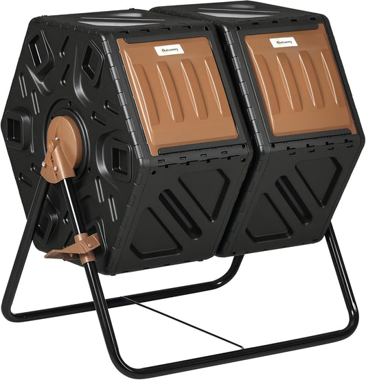 Outsunny Dual Chamber Compost Tumbler Bin, Outdoor Tumbling Composter with 24 Ventilation Openings