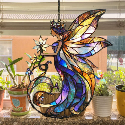 Flowers Fairy Acrylic Suncatcher Stained Glass Effect Window Car Hanging Christmas Ornament Indoor Outdoor Decor Garden Sun Catcher Panel for Fairy Lover for Women Mom Grandma