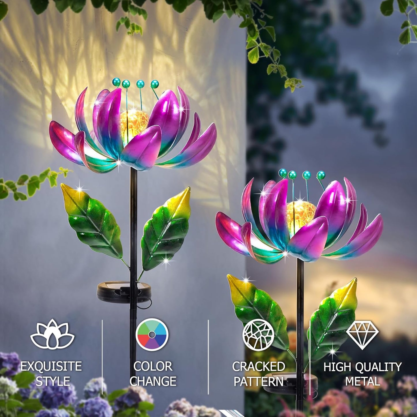 Huaxu Solar Outdoor Lights 35.4In Garden Decor Flower Wind Spinners,Waterproof LED Crackle Glass Globe Purple Lotus Art Metal Stake for Lawn Patio Pathway Yard Porch Driveway Decorations Gift