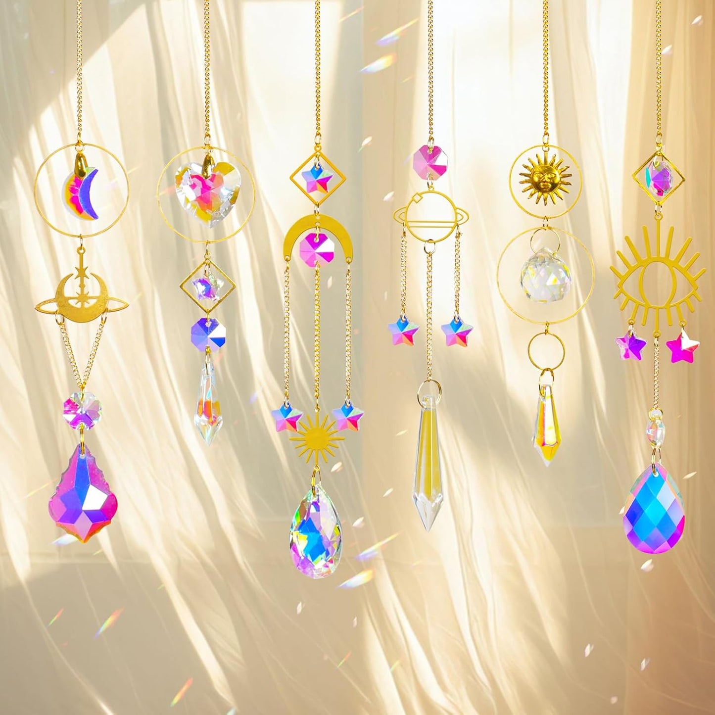 Sun Catchers 6Pieces Colorful Crystals Suncatcher with Chain Pendant Ornaments Hanging Crystals Prism Rainbow for Window Home Indoor Outdoor Car Mirror Garden Christmas Day Party