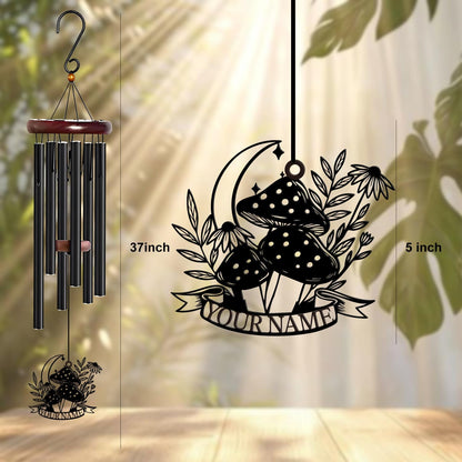 Personalized Customize Name Fantasy Mushroom Wonderland Wind Chime, Metal Iron 37 Inch Outdoor Memorial Gift for Garden Yard Patio Home Decor, Black (Style D)