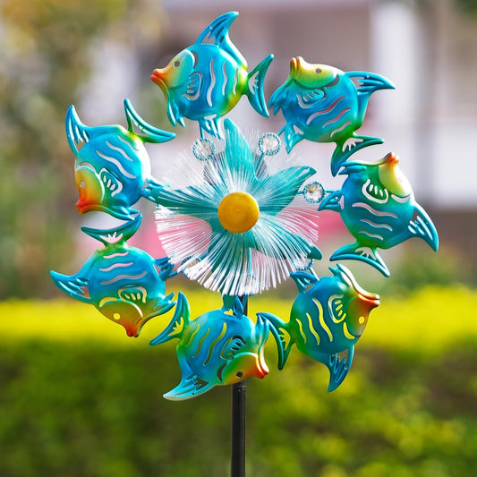Tropical Fish Solar Wind Spinner Outdoor,51'' Windmill Ocean Theme with Gem Decor Color Changing LED Light Kinetic Wind Sculpture Garden Stakes Yard Art for Patio,Pathway,Lawn,Swimming Pool