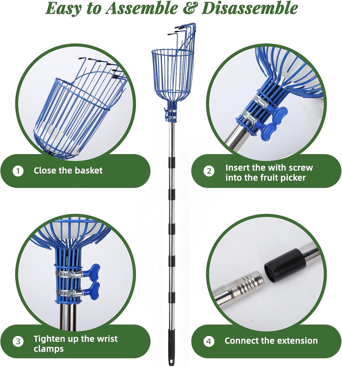 8FT Fruit Picker with Large Basket Telescoping Fruit Picker Pole Foam Padding Prevents Bruising Suitable for Apples Mangoes Pears Oranges Avocados, Blue (Pole Included)