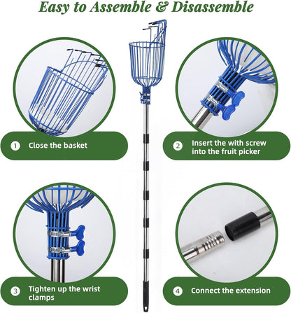 8FT Fruit Picker with Large Basket Telescoping Fruit Picker Pole Foam Padding Prevents Bruising Suitable for Apples Mangoes Pears Oranges Avocados, Blue (Pole Included)
