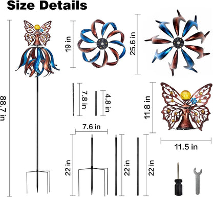 Kircust Solar Wind Spinner, Extra-Large Tulip Garden Windmill Spinners with LED Lighting Solar Powered Glass Ball, Kinetic Metal Sculpture for Outdoor Yard Lawn Patio Decorations
