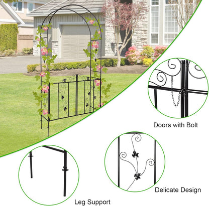 Outdoor Garden Arbors with Gate Door 7’ H x 3’7’’ W Metal Garden Arch Plants Growing for Wedding Party