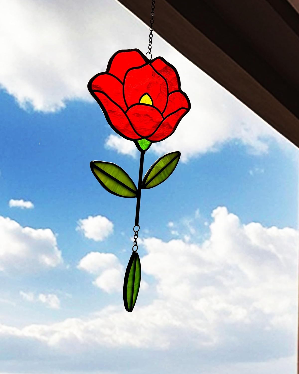 Stained Glass Window Hangings, Handcrafted Garden Suncatchers for Window and Home Decor, Unique Artisan Glass Ornaments for Indoor and Outdoor Use (B-Red)