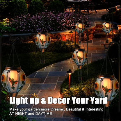 Hot Air Balloon Solar Lantern - Large Hummingbird Glass Lantern, Simulated Flickering & Dancing Flame, Outdoor Hanging Sunflower Yard Light Waterproof IP65 for Patio Lawn Porch Decor Gift