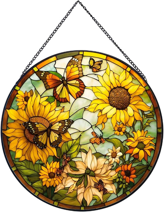 Sunflower Hanging Stained Glass for Windows,20cm/7.87inch Hand-Painted Sun Catcher Garden Hangings