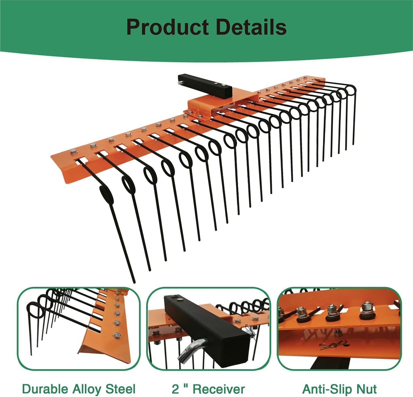 5FT Durable Pine Straw Rake Steel Spring Landscape Rake Fits 2" Receiver for Lawn Tractors or ATV/UTV Orange