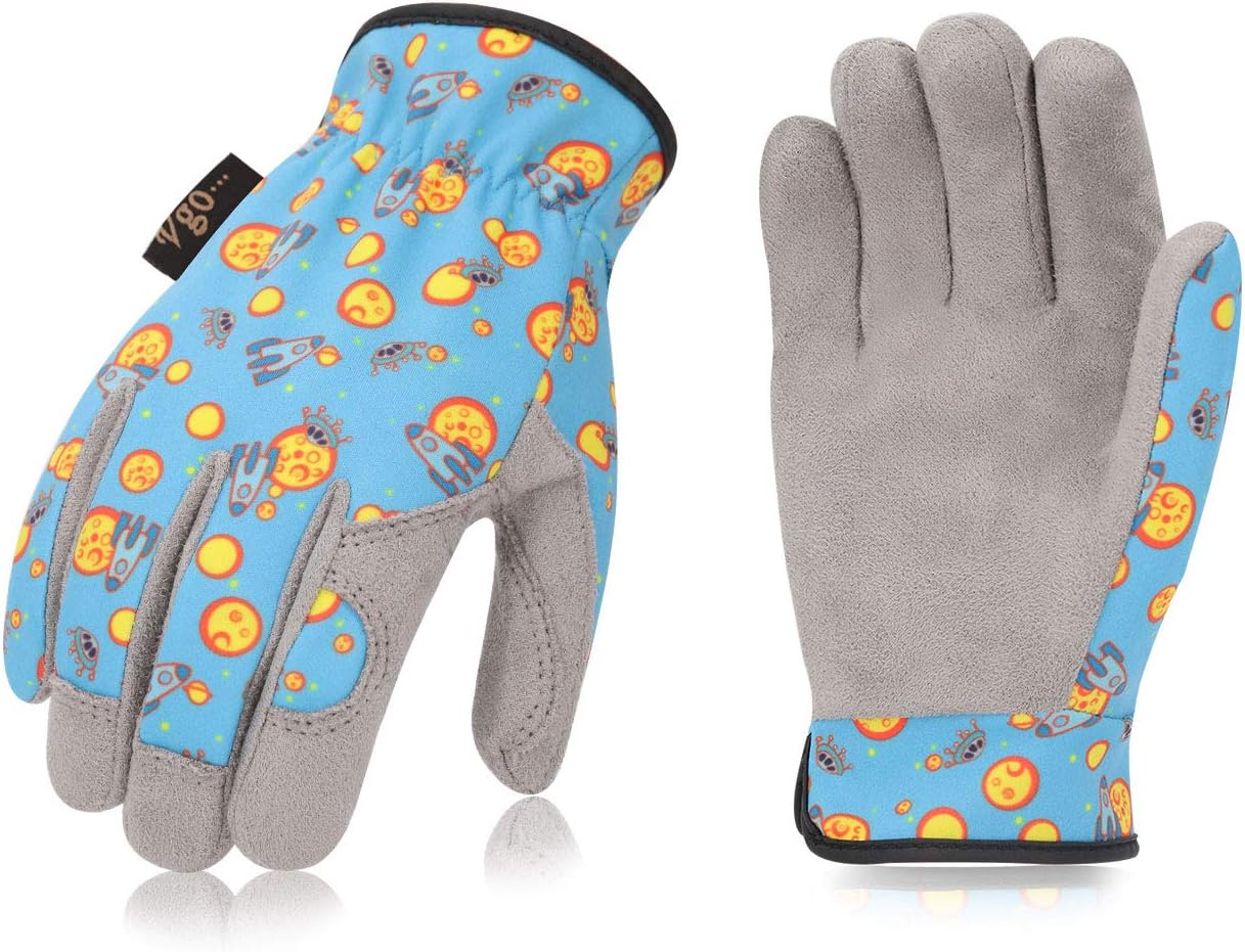 Vgo... 1-Pair Age 8-9 Kids Gardening Gloves,Children Yard Work Gloves,Soft Safety Outdoor Playing Gloves (Size XXL,Blue Plane, KID-MF7362)